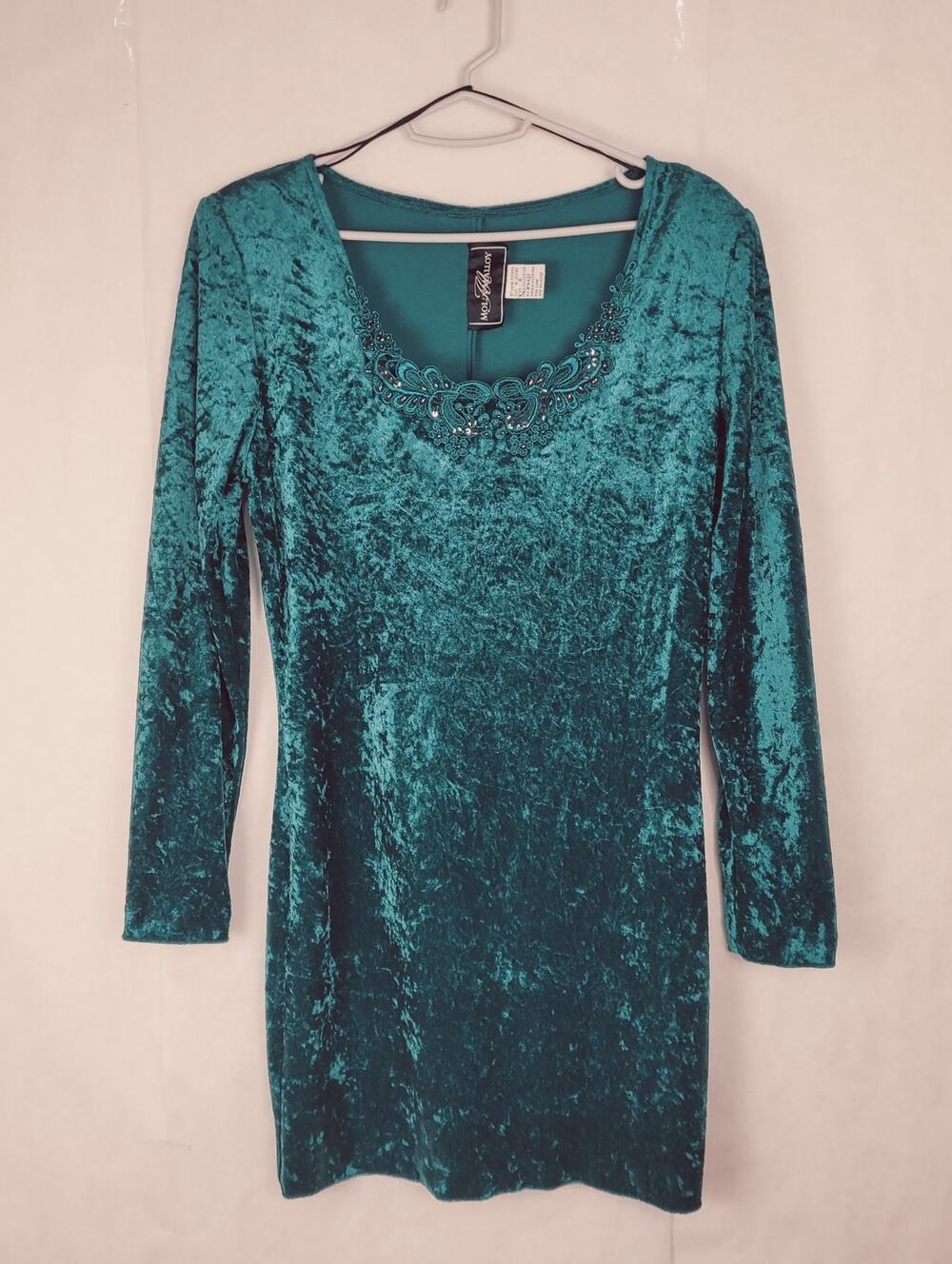 Vintage Molly Malloy green crushed velvet beaded long sleeve dress 8 Whimsigoth